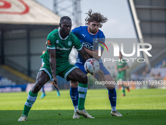 Reagan Ogle of Oldham Athletic battles for possession during the Vanarama National League match between Oldham Athletic and Yeovil Town at B...