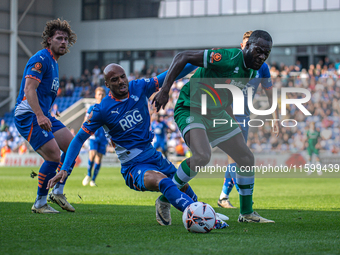 Jake Caprice of Oldham Athletic battles for possession during the Vanarama National League match between Oldham Athletic and Yeovil Town at...