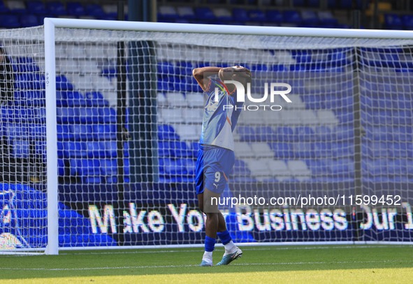 Mike Fondop of Oldham Athletic Association Football Club rues a missed chance during the Vanarama National League match between Oldham Athle...