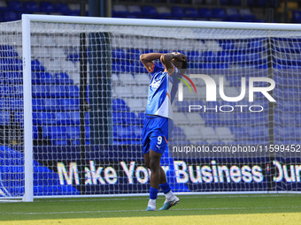 Mike Fondop of Oldham Athletic Association Football Club rues a missed chance during the Vanarama National League match between Oldham Athle...