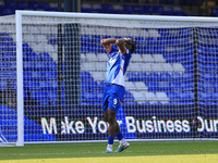 Mike Fondop of Oldham Athletic Association Football Club rues a missed chance during the Vanarama National League match between Oldham Athle...