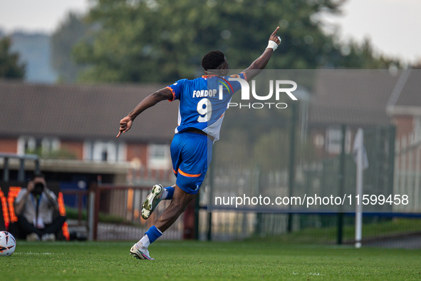 Mike Fondop of Oldham Athletic celebrates scoring during the Vanarama National League match between Oldham Athletic and Yeovil Town at Bound...