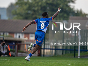 Mike Fondop of Oldham Athletic celebrates scoring during the Vanarama National League match between Oldham Athletic and Yeovil Town at Bound...