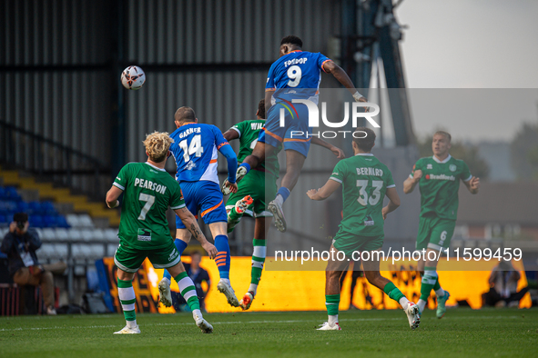 Mike Fondop of Oldham Athletic scores his team's winning goal during the Vanarama National League match between Oldham Athletic and Yeovil T...