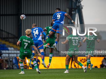 Mike Fondop of Oldham Athletic scores his team's winning goal during the Vanarama National League match between Oldham Athletic and Yeovil T...