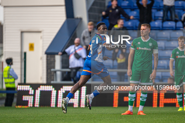 Mike Fondop of Oldham Athletic celebrates scoring during the Vanarama National League match between Oldham Athletic and Yeovil Town at Bound...