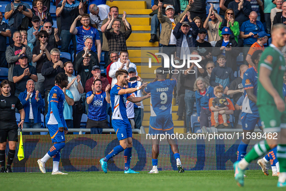 Mike Fondop of Oldham Athletic celebrates during the Vanarama National League match between Oldham Athletic and Yeovil Town at Boundary Park...