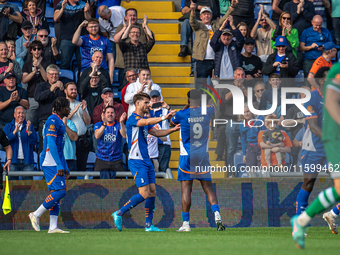 Mike Fondop of Oldham Athletic celebrates during the Vanarama National League match between Oldham Athletic and Yeovil Town at Boundary Park...