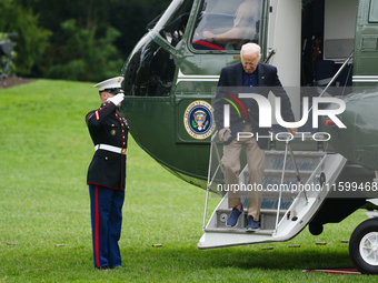 U.S. President Joe Biden speaks to reporters after returning to the White House on September 22, 2024 in Washington, DC. Biden hosted a 'Qua...