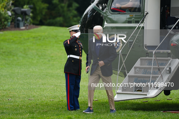 U.S. President Joe Biden speaks to reporters after returning to the White House on September 22, 2024 in Washington, DC. Biden hosted a 'Qua...