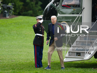 U.S. President Joe Biden speaks to reporters after returning to the White House on September 22, 2024 in Washington, DC. Biden hosted a 'Qua...