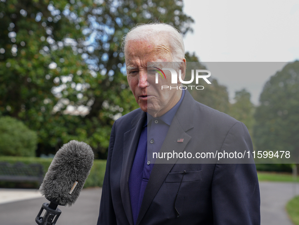 U.S. President Joe Biden speaks to reporters after returning to the White House on September 22, 2024 in Washington, DC. Biden hosted a 'Qua...