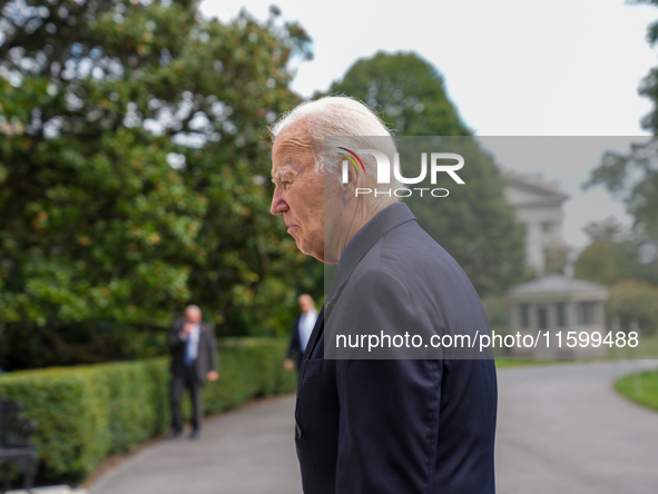 U.S. President Joe Biden speaks to reporters after returning to the White House on September 22, 2024 in Washington, DC. Biden hosted a 'Qua...