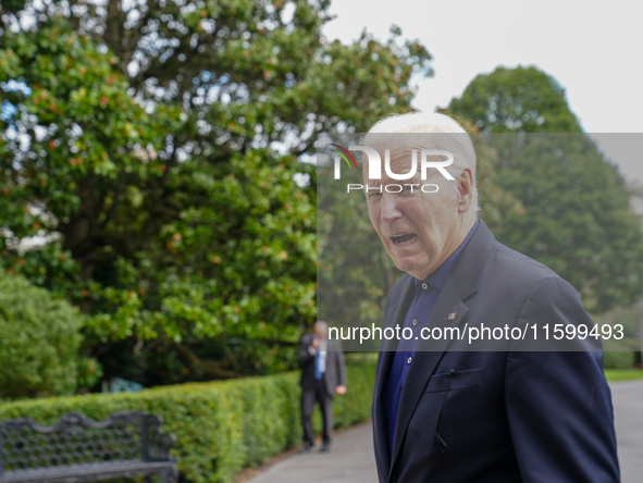 U.S. President Joe Biden speaks to reporters after returning to the White House on September 22, 2024 in Washington, DC. Biden hosted a 'Qua...