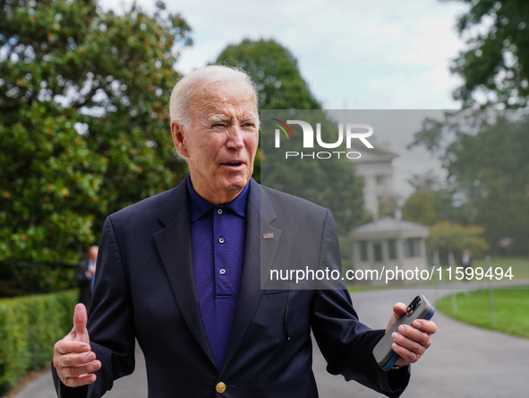 U.S. President Joe Biden speaks to reporters after returning to the White House on September 22, 2024 in Washington, DC. Biden hosted a 'Qua...