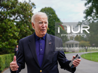 U.S. President Joe Biden speaks to reporters after returning to the White House on September 22, 2024 in Washington, DC. Biden hosted a 'Qua...