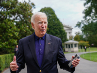 U.S. President Joe Biden speaks to reporters after returning to the White House on September 22, 2024 in Washington, DC. Biden hosted a 'Qua...