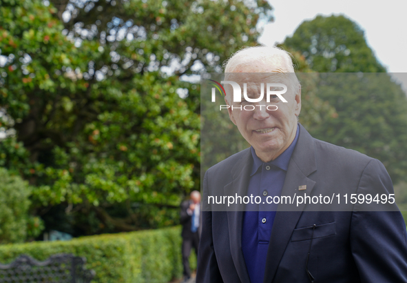 U.S. President Joe Biden speaks to reporters after returning to the White House on September 22, 2024 in Washington, DC. Biden hosted a 'Qua...