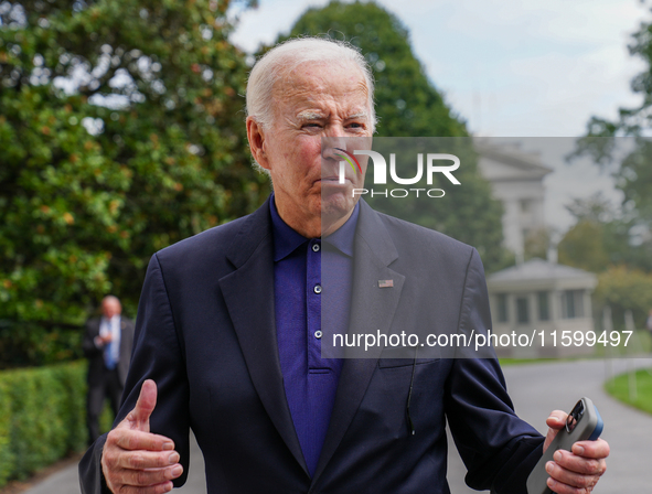 U.S. President Joe Biden speaks to reporters after returning to the White House on September 22, 2024 in Washington, DC. Biden hosted a 'Qua...