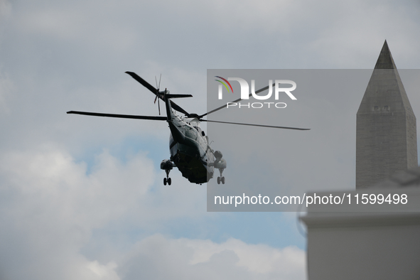 U.S. President Joe Biden speaks to reporters after returning to the White House on September 22, 2024 in Washington, DC. Biden hosted a 'Qua...