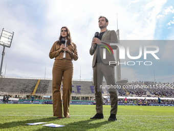 The staff of DAZN cover the Italian Serie A football match between ACF Fiorentina and SS Lazio in Florence, Italy, on September 22, 2024, at...