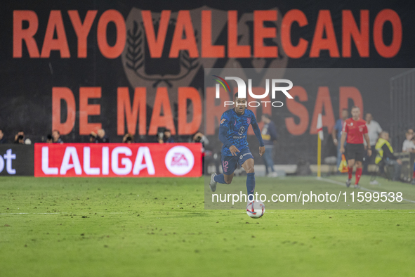 Samuel Lino of Atletico de Madrid is in action with the ball during the La Liga EA Sports 2024/25 football match between Rayo Vallecano and...