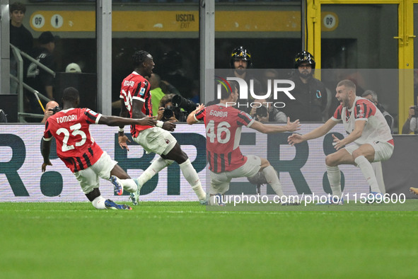 Matteo Gabbia of AC Milan celebrates after a goal during the Italian Serie A football match between Inter FC and AC Milan in Milan, Italy, o...