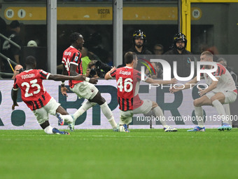 Matteo Gabbia of AC Milan celebrates after a goal during the Italian Serie A football match between Inter FC and AC Milan in Milan, Italy, o...