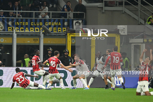 Matteo Gabbia of AC Milan celebrates after a goal during the Italian Serie A football match between Inter FC and AC Milan in Milan, Italy, o...