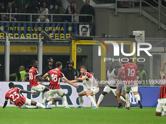 Matteo Gabbia of AC Milan celebrates after a goal during the Italian Serie A football match between Inter FC and AC Milan in Milan, Italy, o...