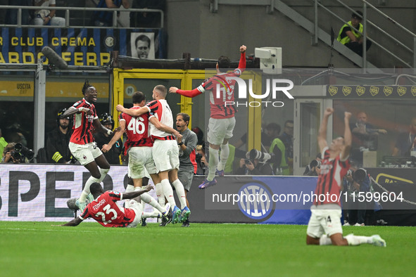 Matteo Gabbia of AC Milan celebrates after a goal during the Italian Serie A football match between Inter FC and AC Milan in Milan, Italy, o...