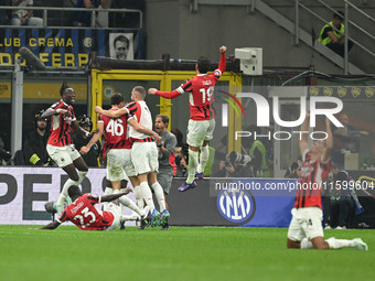 Matteo Gabbia of AC Milan celebrates after a goal during the Italian Serie A football match between Inter FC and AC Milan in Milan, Italy, o...