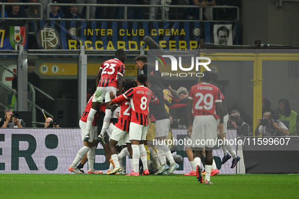 Matteo Gabbia of AC Milan celebrates after a goal during the Italian Serie A football match between Inter FC and AC Milan in Milan, Italy, o...