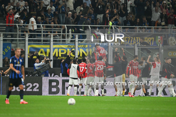 Matteo Gabbia of AC Milan celebrates after a goal during the Italian Serie A football match between Inter FC and AC Milan in Milan, Italy, o...