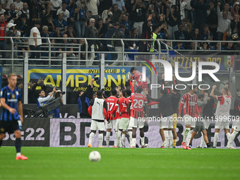 Matteo Gabbia of AC Milan celebrates after a goal during the Italian Serie A football match between Inter FC and AC Milan in Milan, Italy, o...