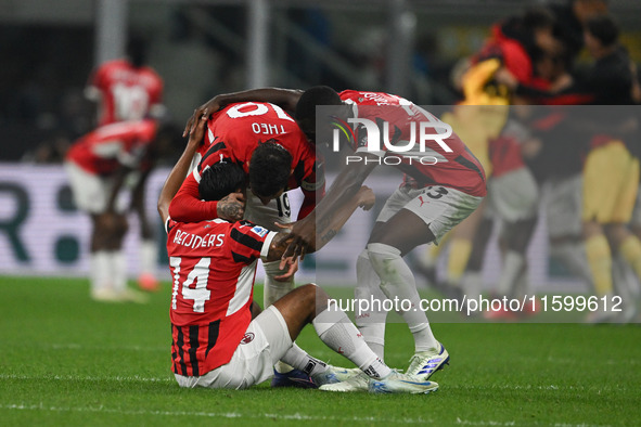 The team of AC Milan celebrates after victory during the Italian Serie A football match between Inter FC and AC Milan in Milan, Italy, on Se...