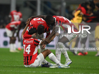 The team of AC Milan celebrates after victory during the Italian Serie A football match between Inter FC and AC Milan in Milan, Italy, on Se...