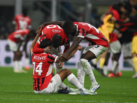 The team of AC Milan celebrates after victory during the Italian Serie A football match between Inter FC and AC Milan in Milan, Italy, on Se...