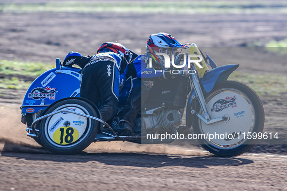 Kenny Van Eeckhout and Axelle Cannaerts (18) of Belgium practice during the FIM Long Track World Championship Final 5 at the Speed Centre Ro...