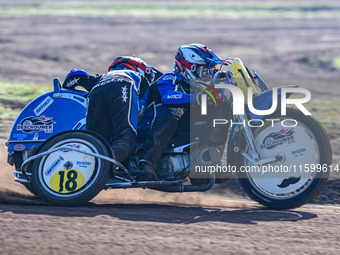 Kenny Van Eeckhout and Axelle Cannaerts (18) of Belgium practice during the FIM Long Track World Championship Final 5 at the Speed Centre Ro...