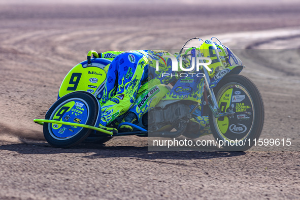 Mitch Goddard and Paul Smith (9) of Great Britain practice during the FIM Long Track World Championship Final 5 at the Speed Centre Roden in...