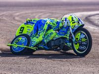 Mitch Goddard and Paul Smith (9) of Great Britain practice during the FIM Long Track World Championship Final 5 at the Speed Centre Roden in...