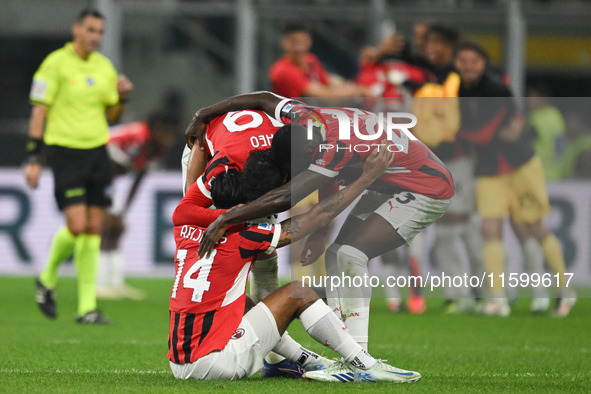 The team of AC Milan celebrates after victory during the Italian Serie A football match between Inter FC and AC Milan in Milan, Italy, on Se...