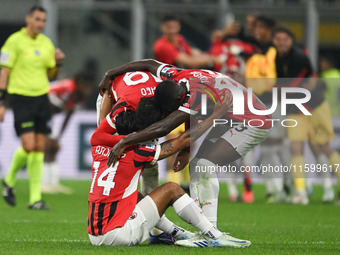 The team of AC Milan celebrates after victory during the Italian Serie A football match between Inter FC and AC Milan in Milan, Italy, on Se...