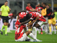 The team of AC Milan celebrates after victory during the Italian Serie A football match between Inter FC and AC Milan in Milan, Italy, on Se...