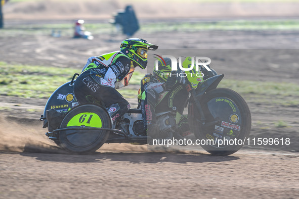 Joachim Martens and Des Vanzonhoven (61) of Belgium practice during the FIM Long Track World Championship Final 5 at the Speed Centre Roden...