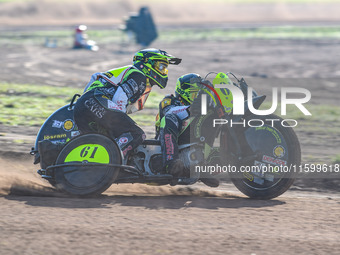 Joachim Martens and Des Vanzonhoven (61) of Belgium practice during the FIM Long Track World Championship Final 5 at the Speed Centre Roden...