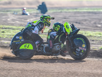 Joachim Martens and Des Vanzonhoven (61) of Belgium practice during the FIM Long Track World Championship Final 5 at the Speed Centre Roden...