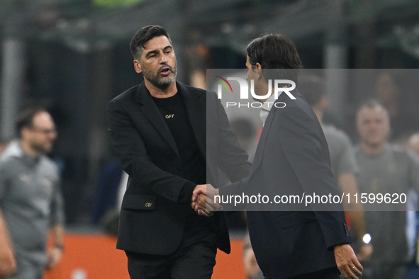 Paulo Fonseca of AC Milan and coach Simone Inzaghi of Inter FC during the Italian Serie A football match between Inter FC and AC Milan in Mi...