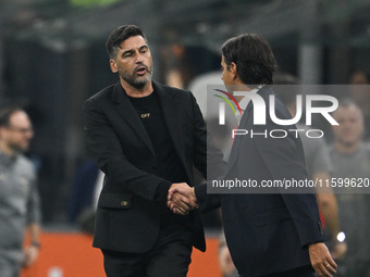 Paulo Fonseca of AC Milan and coach Simone Inzaghi of Inter FC during the Italian Serie A football match between Inter FC and AC Milan in Mi...